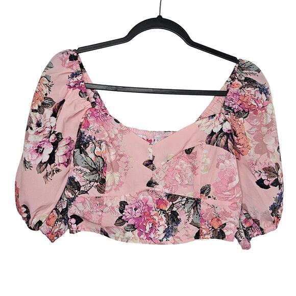 Buddy Love Pink Floral Puff Sleeve Blouse Size Small Cropped Whimsy Smocked Boho - Picture 2 of 7